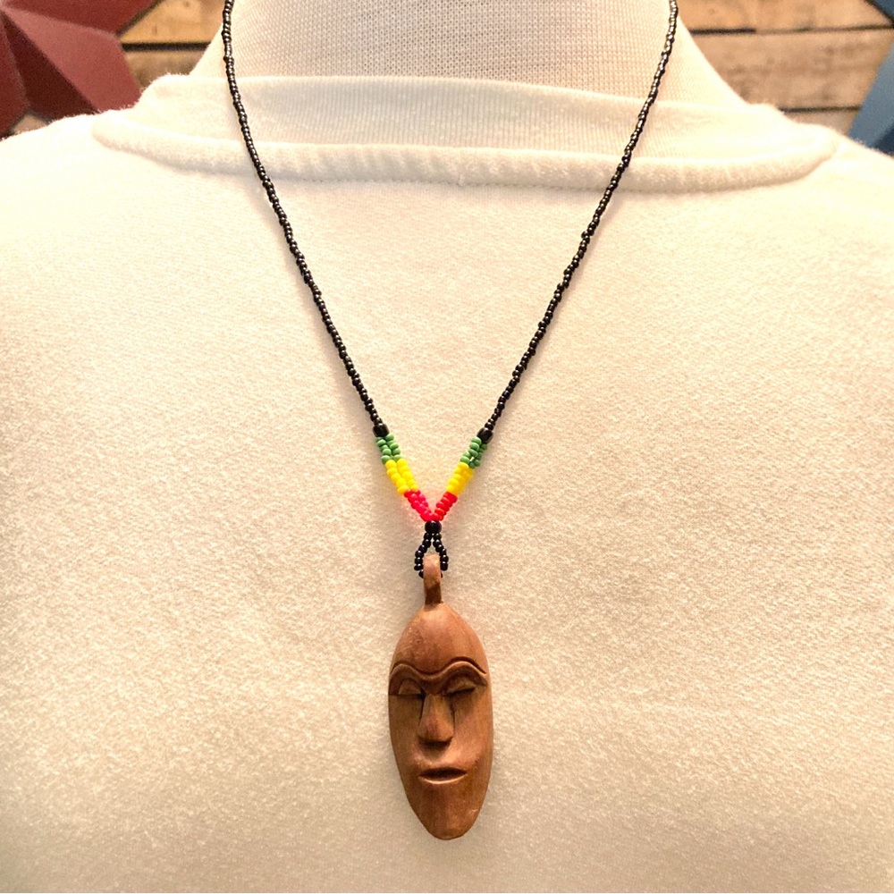 Wood Carved Nativ Icon Pendant Seed Bead Necklace 13.5" Brown Signed Tribal